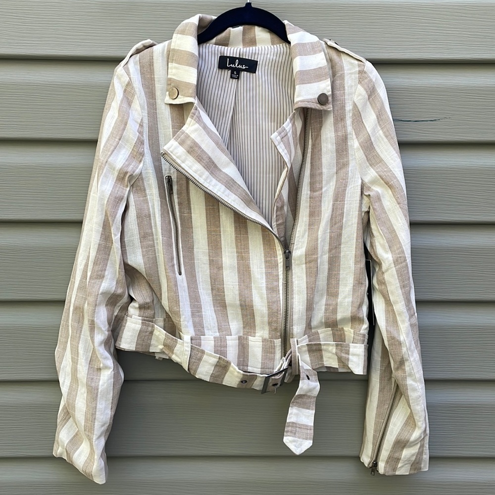 Lulus Striped Belted Moto Jacket